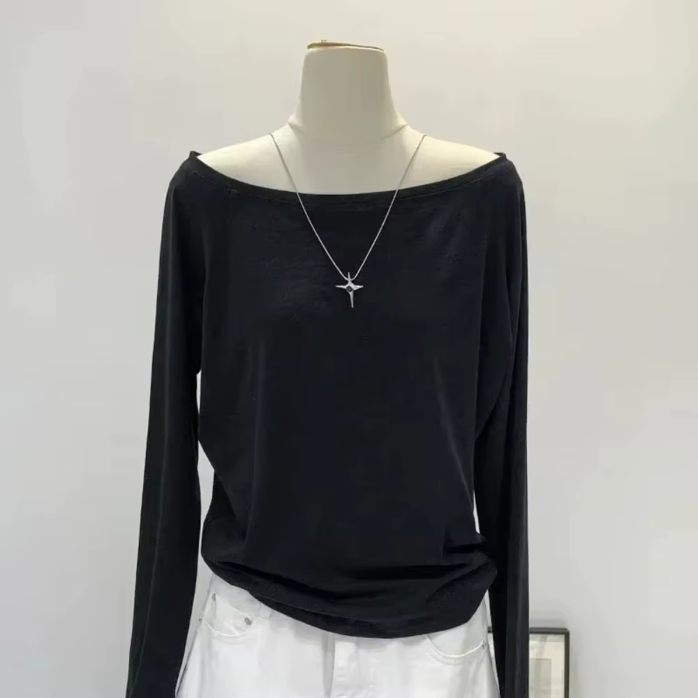 Chemisier en coton tendance à épaule unique, couleur unie, manches longues, coupe ample, haut asymét