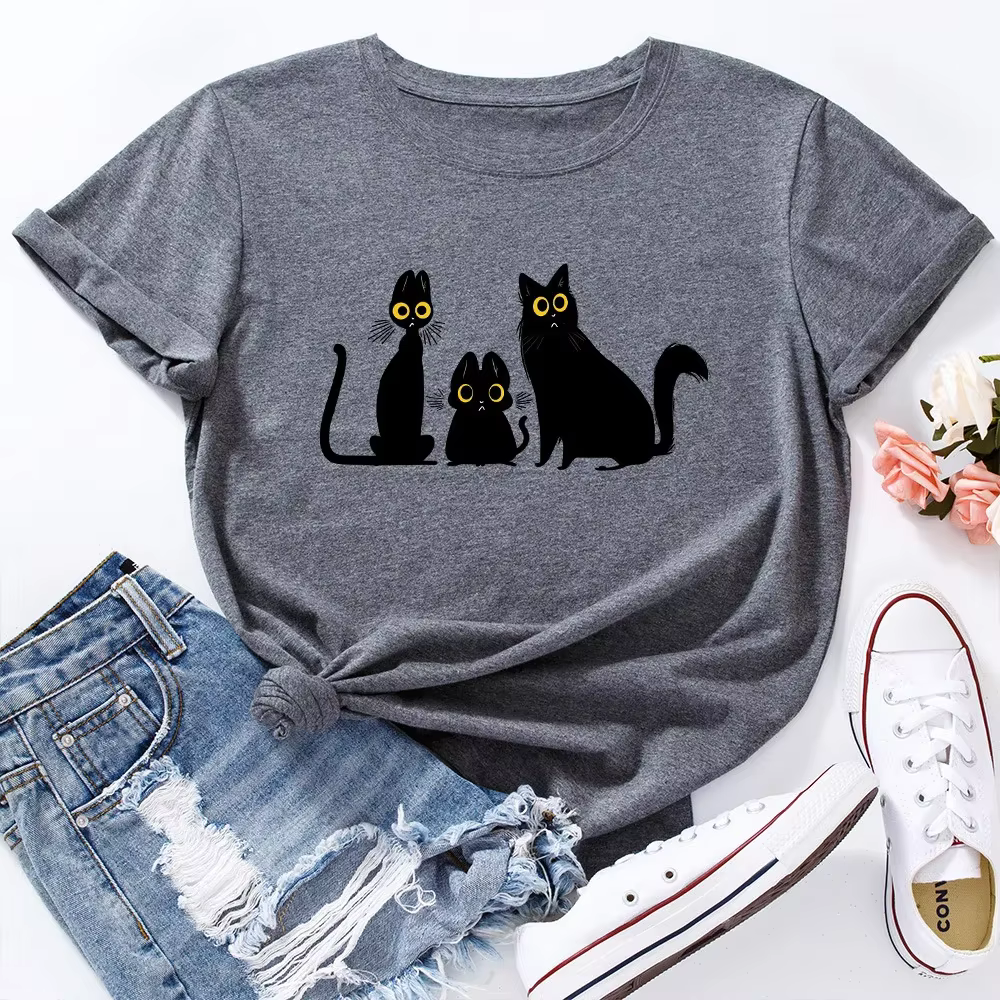 T-shirt graphique chat noir pour femme, manches courtes, vêtements en coton, été