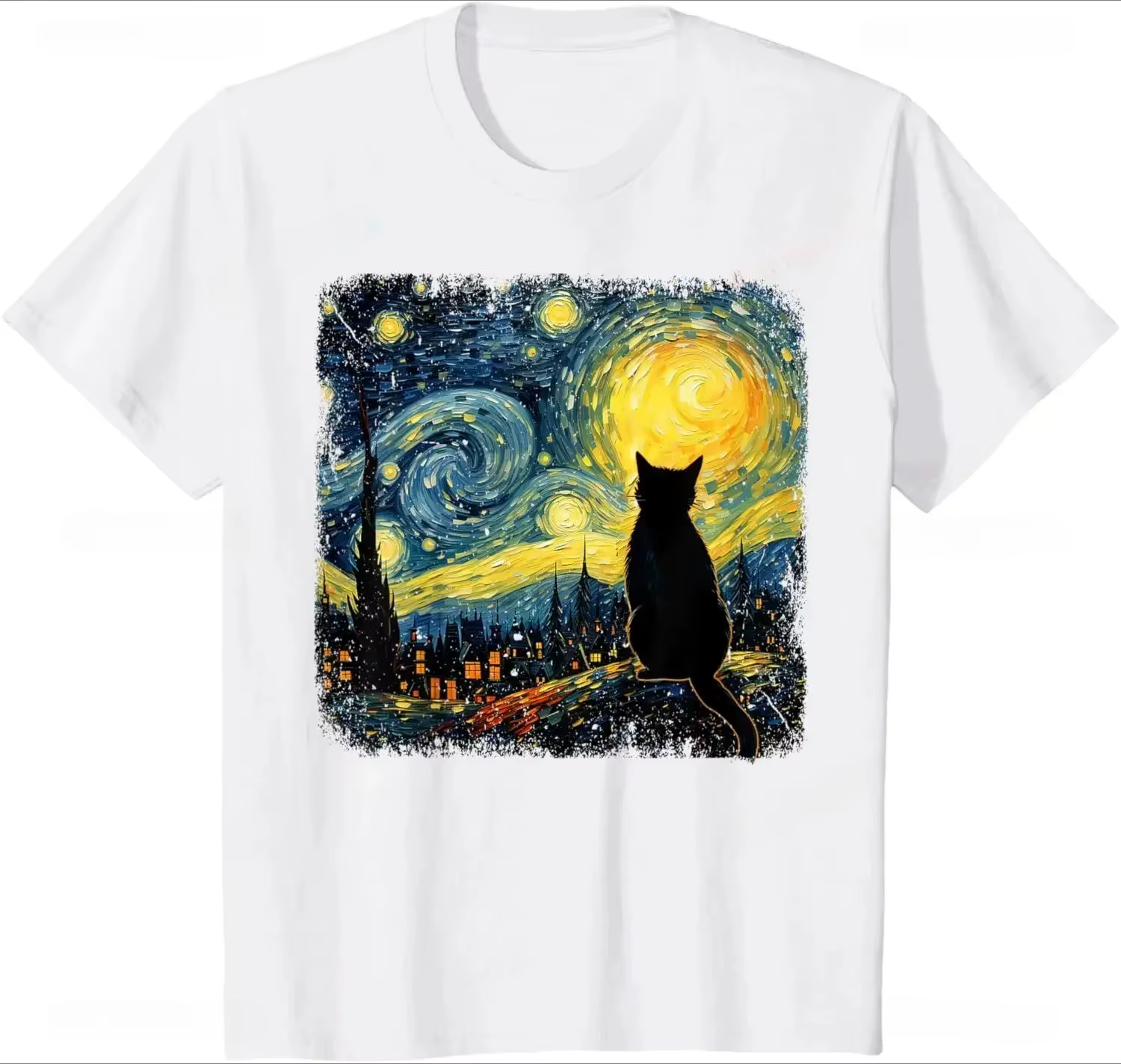 T-shirt décontracté pour femme, style estival ample, col rond, motif chat Nuit étoilée Van Gogh, pou