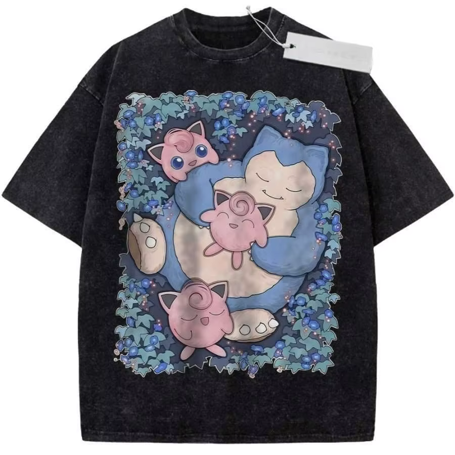 T-shirt de sport à manches courtes, violet, unisexe, en pur coton, lavé, Vintage, imprimé Pokemon An