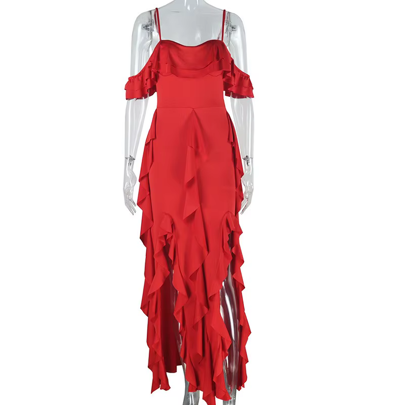 Robe asymétrique à volants sans manches et dos nu pour femme, couleur unie, sexy
