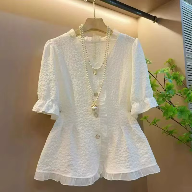 Chemises à manches courtes en popeline pour femmes, taille froncée, tunique régulière, vêtements de 