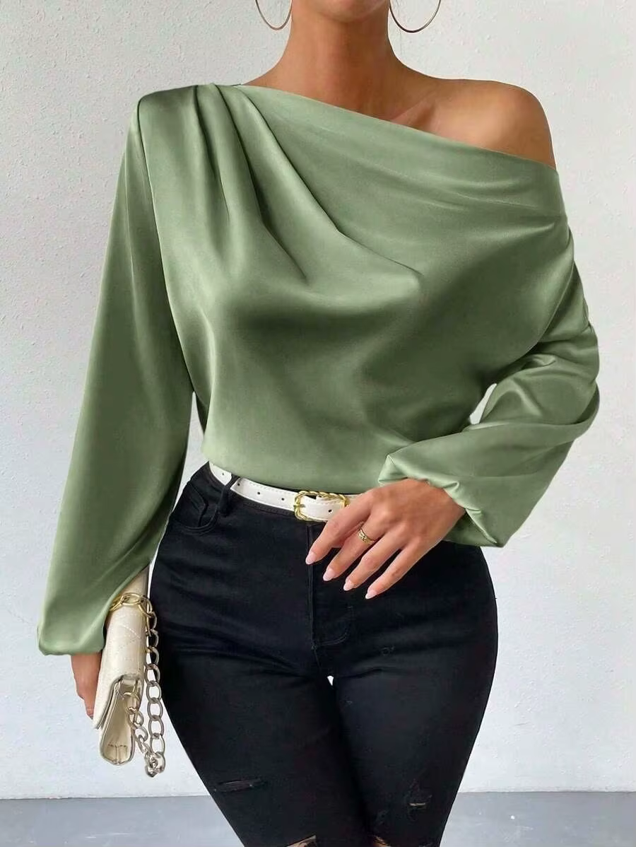 2025 dames hauts femmes chemises et chemisiers à manches longues Sexy couleur unie une épaule Blouse