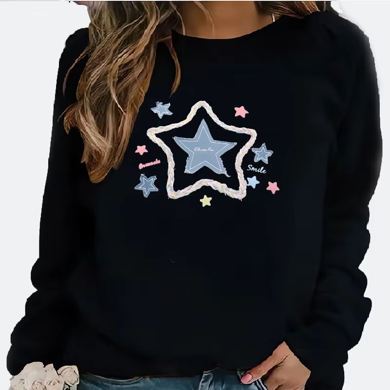Sweat à capuche à manches longues et col rond à motif d'étoiles rétro de style américain pour femmes