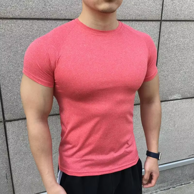 Nouveaux hommes d'été à manches courtes Fitness t-shirt course Sport Gym couleur unie séchage rapide
