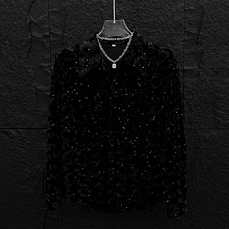 Chemise Homme en Velours Jacquard à Paillettes – Nouvelle Collection Printemps 2026 – Style Américai