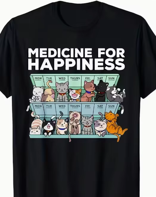 T-shirt pour femme - Design original « Happiness Medicine » avec chat mignon, col rond confortable, 