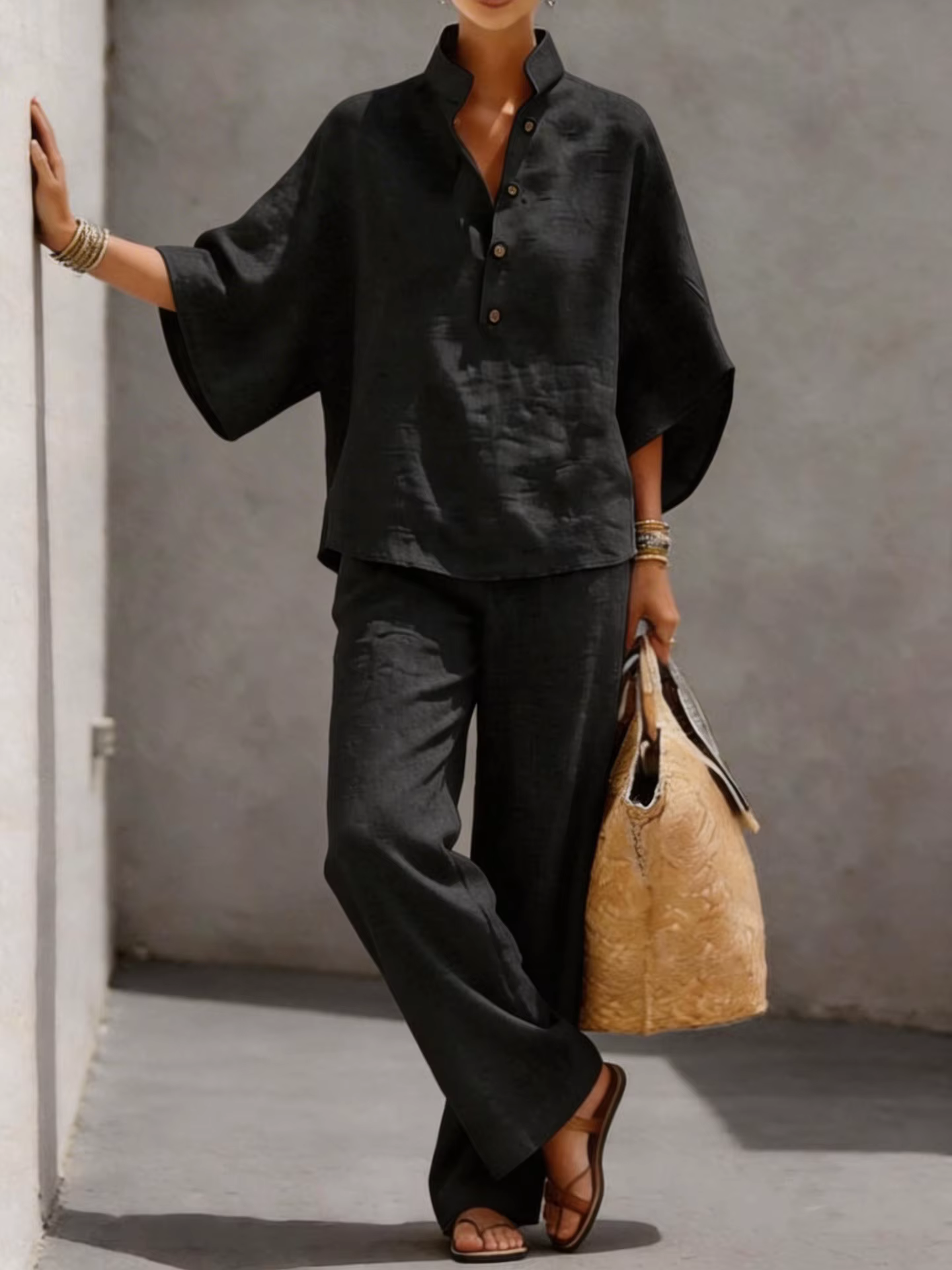 Ensemble deux pièces tendance en coton et lin pour femme : chemise et pantalon – Nouveau style éléga