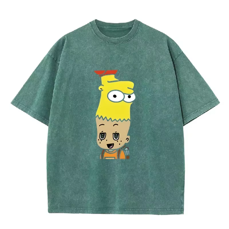 T-shirt noir délavé vintage imprimé Bart Simpson style cartoon, streetwear décontracté