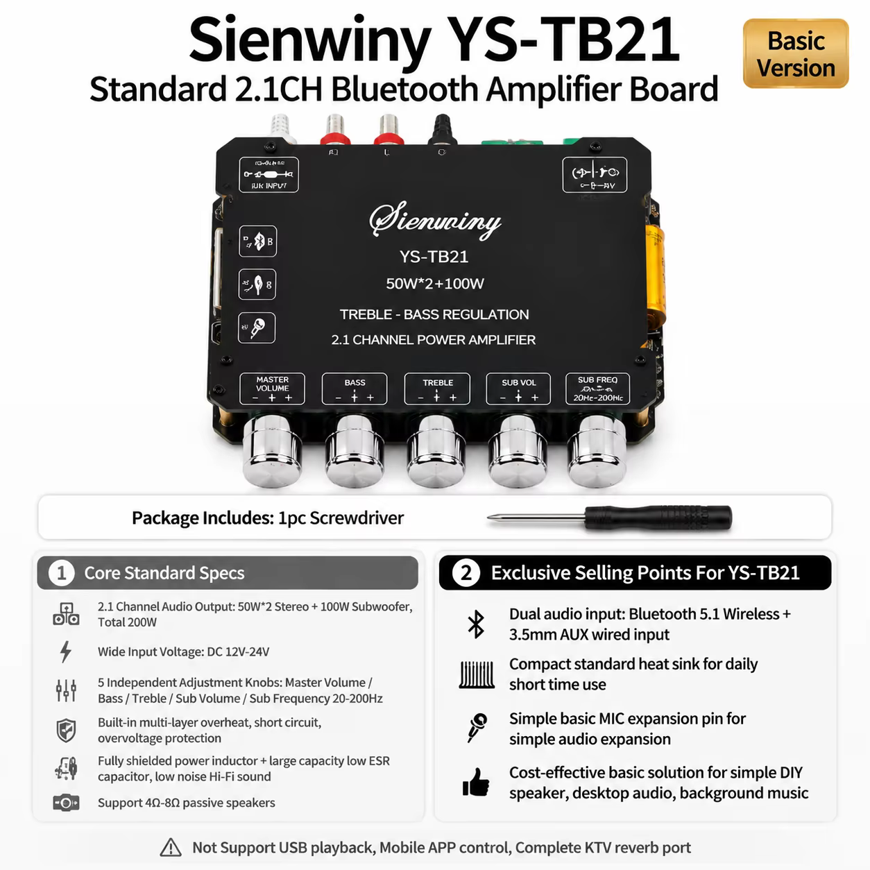 Sienwiny YS-TB21 YS-TB21H Carte d'amplification Bluetooth 2.1 canaux 50W*2+100W Subwoofer USB APP MI