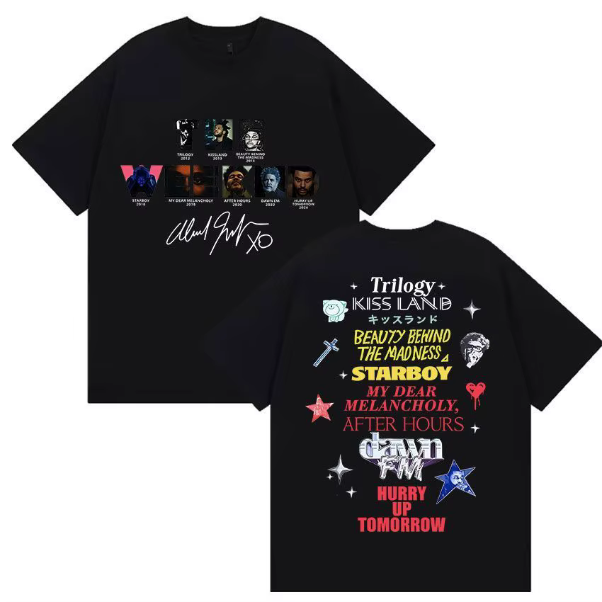 T-shirt graphique The Weeknd avec la discographie complète de l'artiste, en coton noir, à manches co