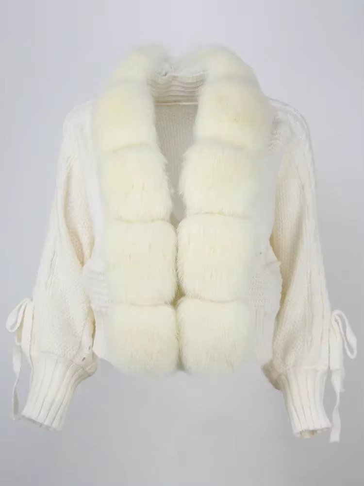 Veste tricotée avec patte de fourrure naturelle pour femme, manteau décontracté, col en vraie fourru