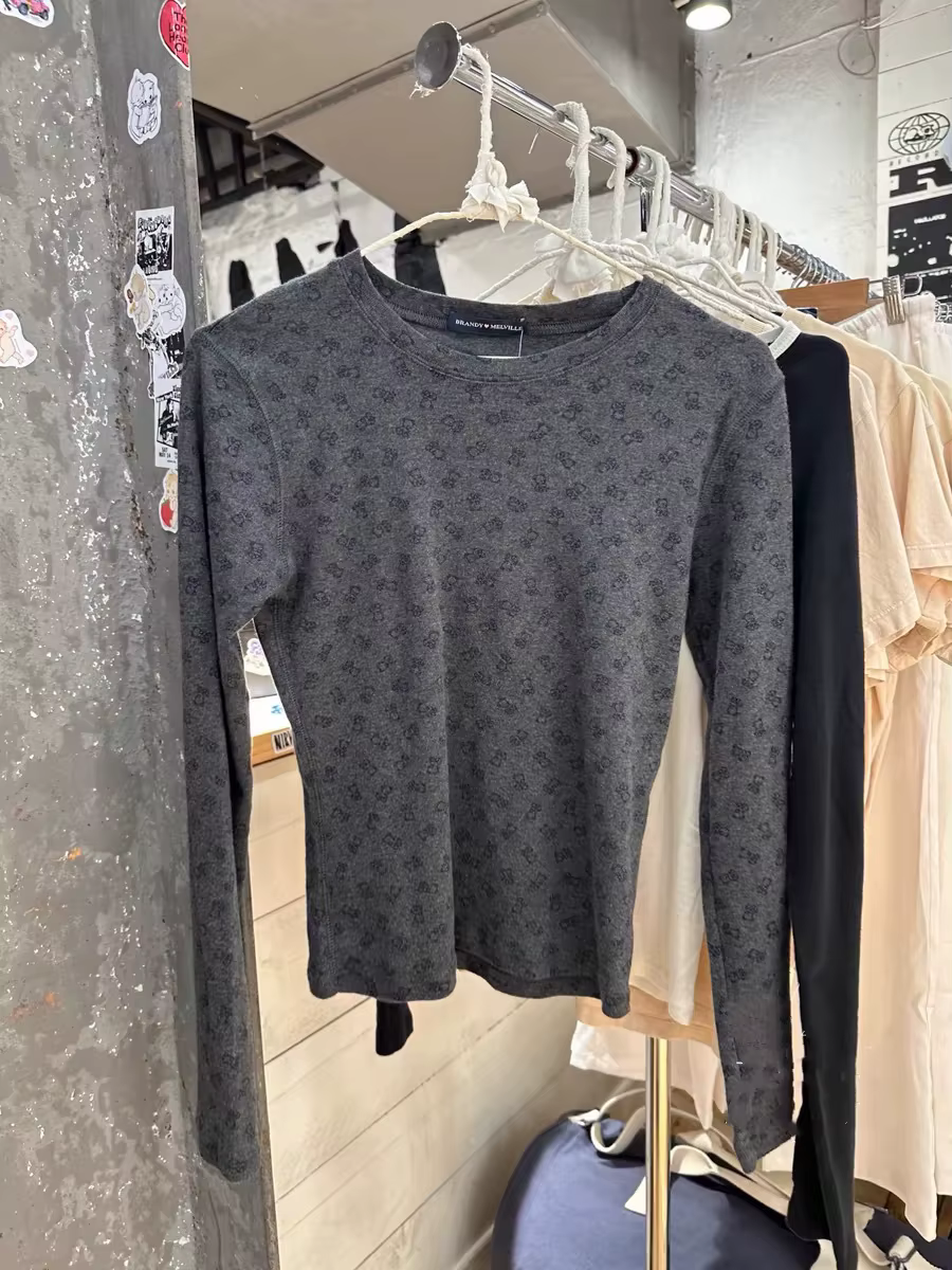 T-shirts à manches longues pour femmes, imprimé ours mignon, gris, col rond, serré, haut en coton, n