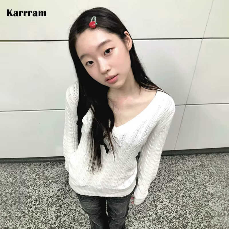 Karrram japonais Y2k col en v blanc pull Vintage Harajuku tricot mince pull Style coréen automne hiv