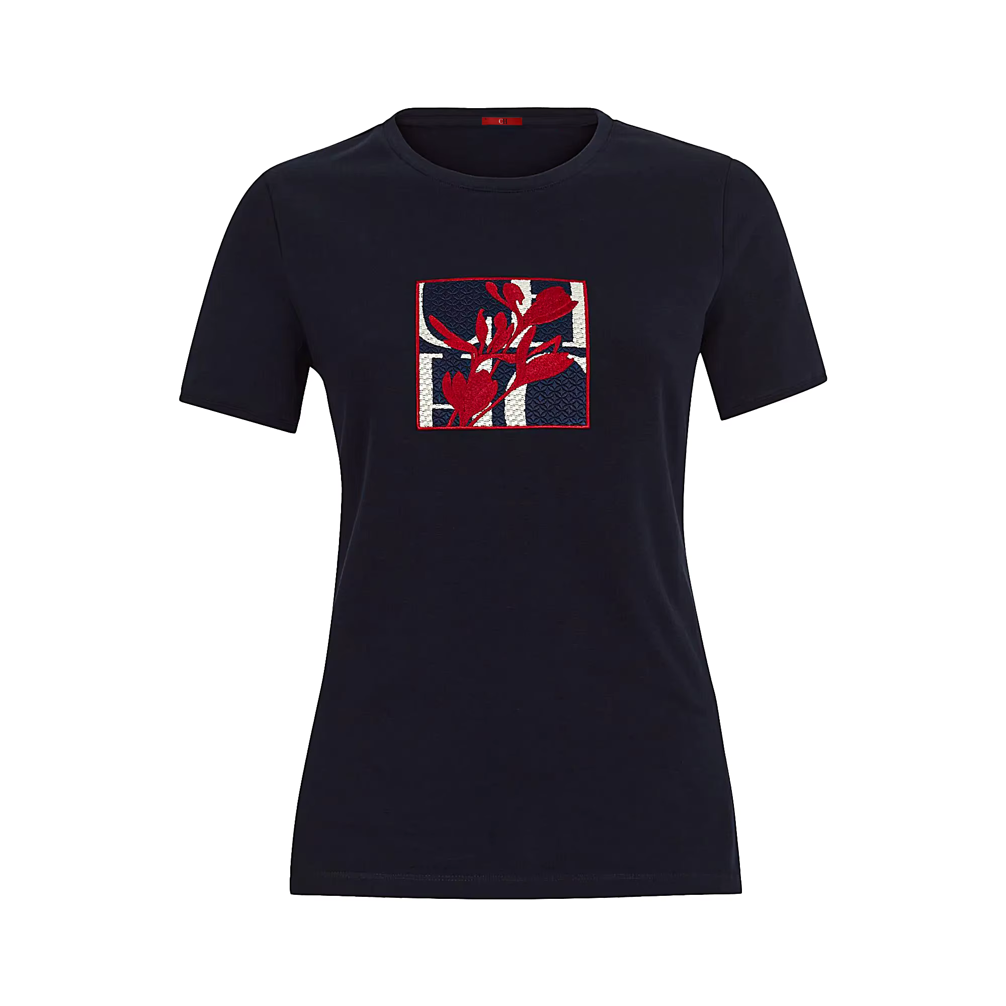 T-shirt à manches courtes pour femme CH, avec un col rond et une broderie florale rouge, un haut déc