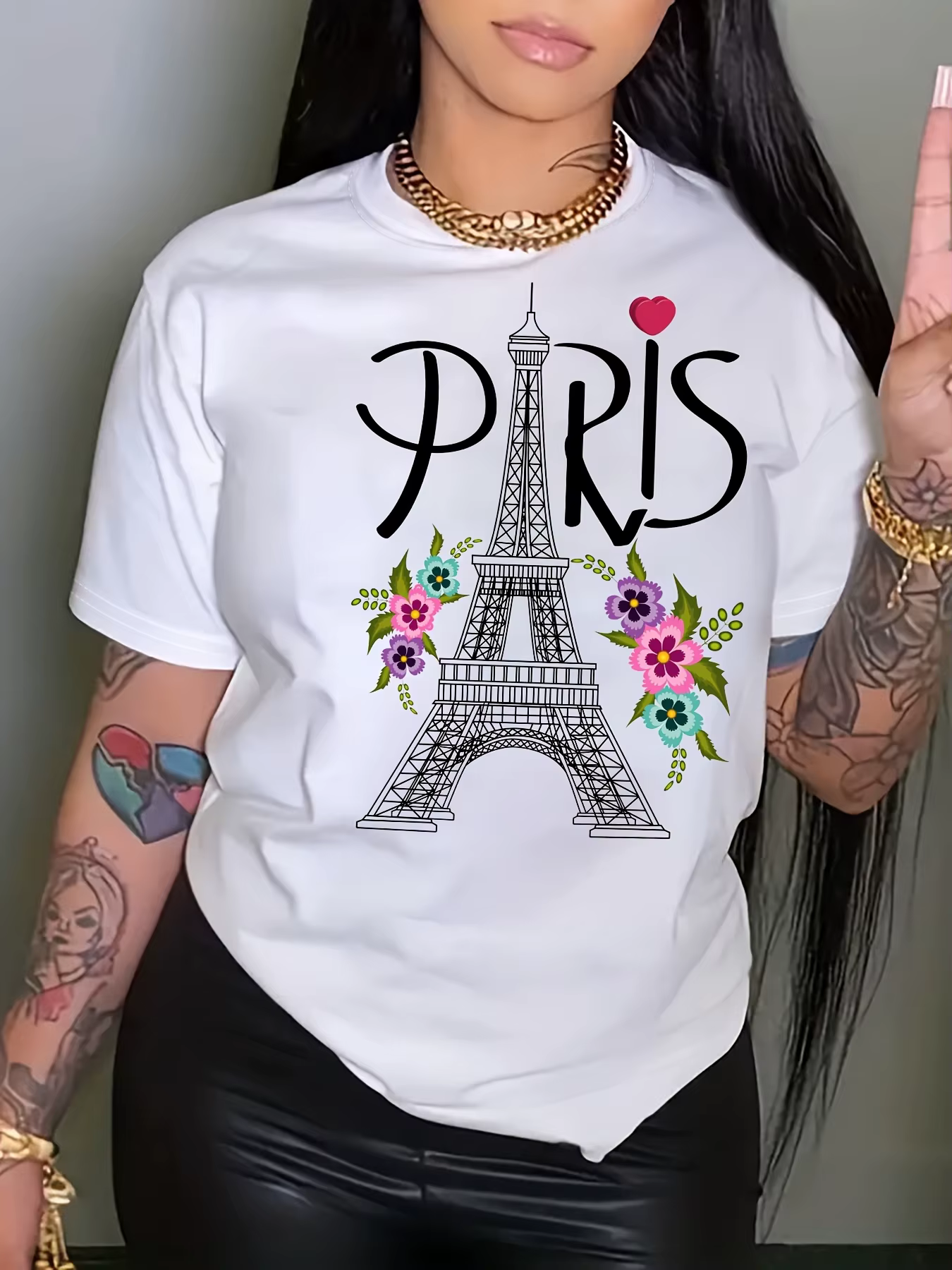 T-Shirt à Manches Courtes et Col Ras du Cou pour Femme, Décontracté, Imprimé Tour Eiffel, Paris, Vêt