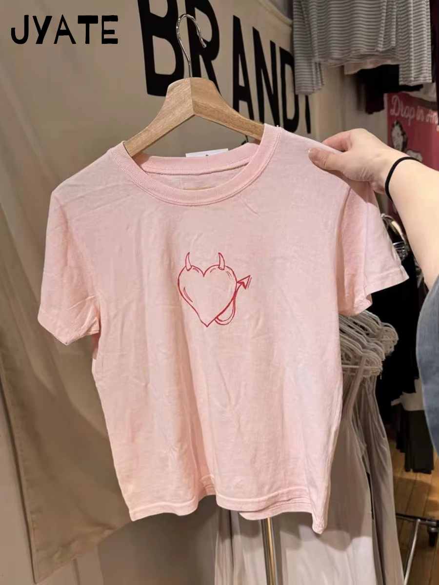 T-shirts brodés cœur rouge pour femmes, en coton, col rond, style décontracté preppy, manches courte