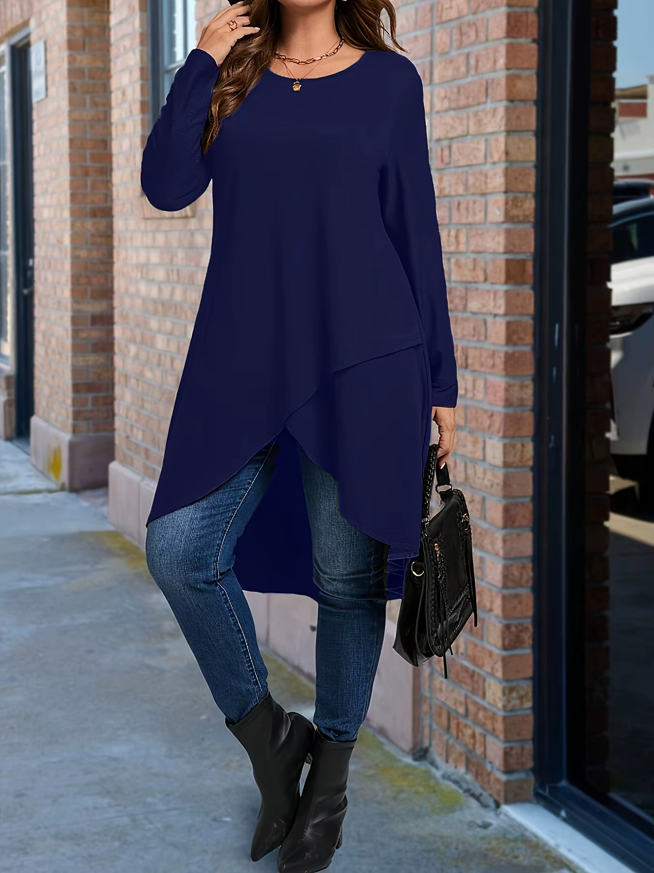 Grande taille femmes élégant ourlet asymétrique à manches longues T-Shirt col rond haut décontracté 