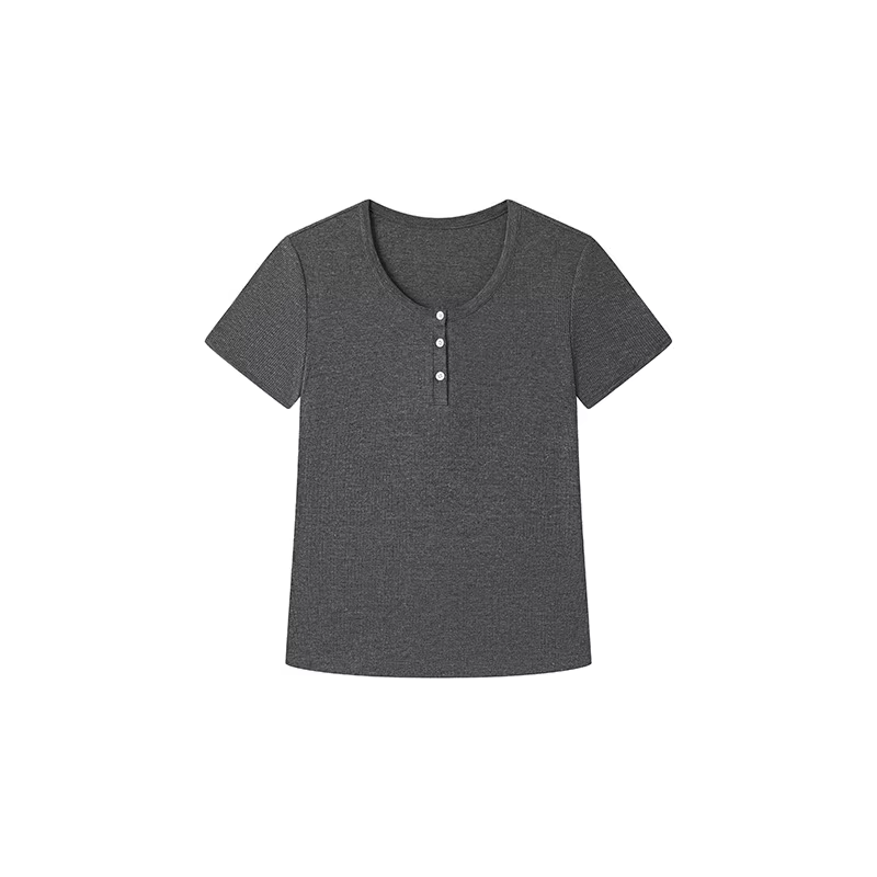 T-shirt à manches courtes en mélange de lin et de tencel pour femme, col Henley, coupe ajustée, haut