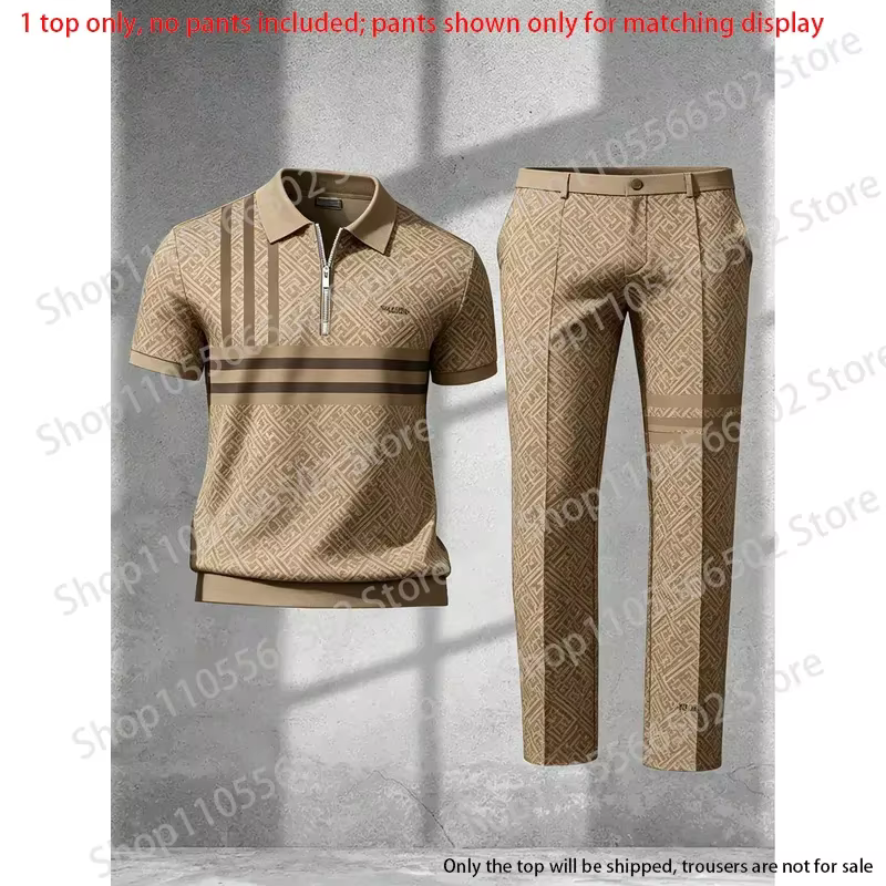 Polo à demi-zip pour homme (sans pantalon), imprimé jacquard géométrique vintage 3D, manches courtes