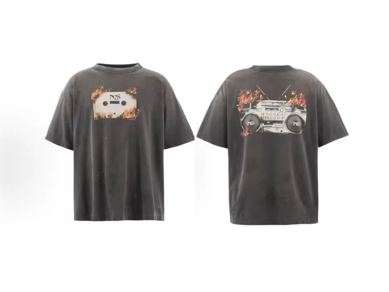 SAINT NaS lettre imprimé magnétophone motif Vintage lavé haute rue T-shirt pur coton col rond ample 