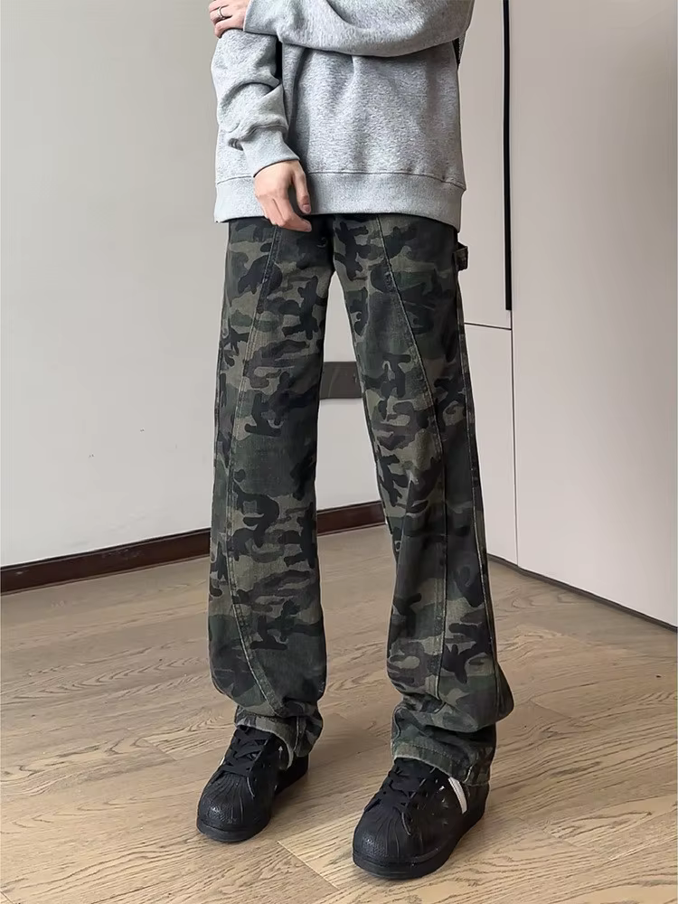 Nouveau Jean Camouflage Vintage pour Homme, Pantalon en Denim Lavé Décontracté à Coupe Ample et Jamb
