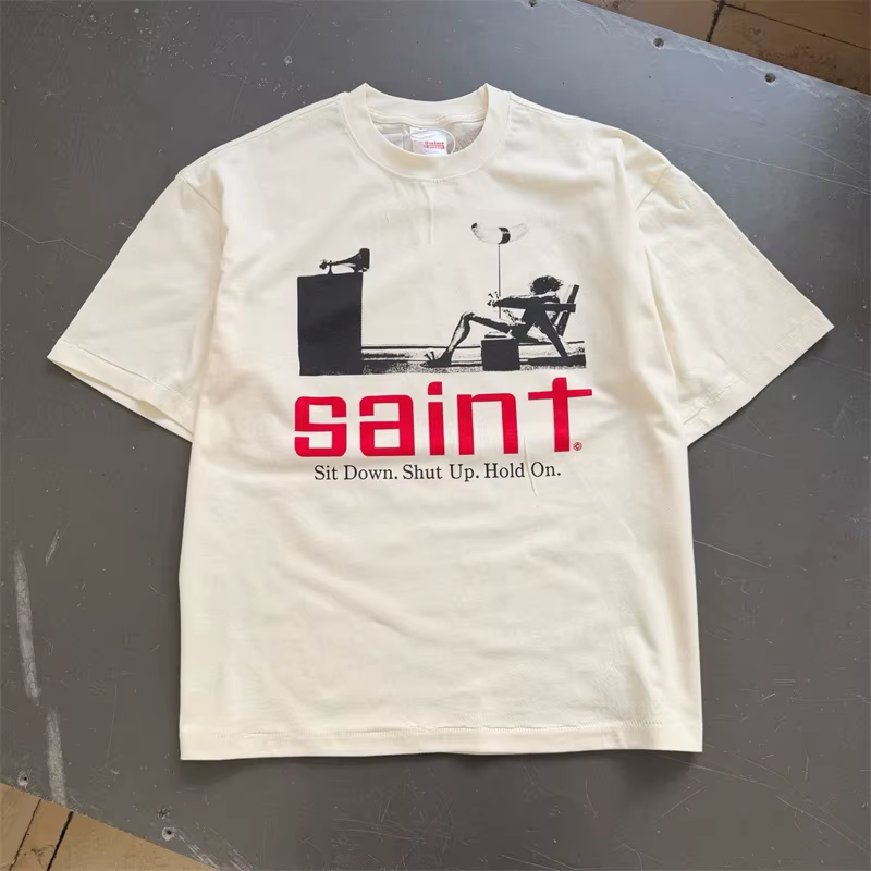S'asseoir. Taisez-vous. Attendez. T-shirt Saint Vintage style streetwear coupe ample pour hommes et 