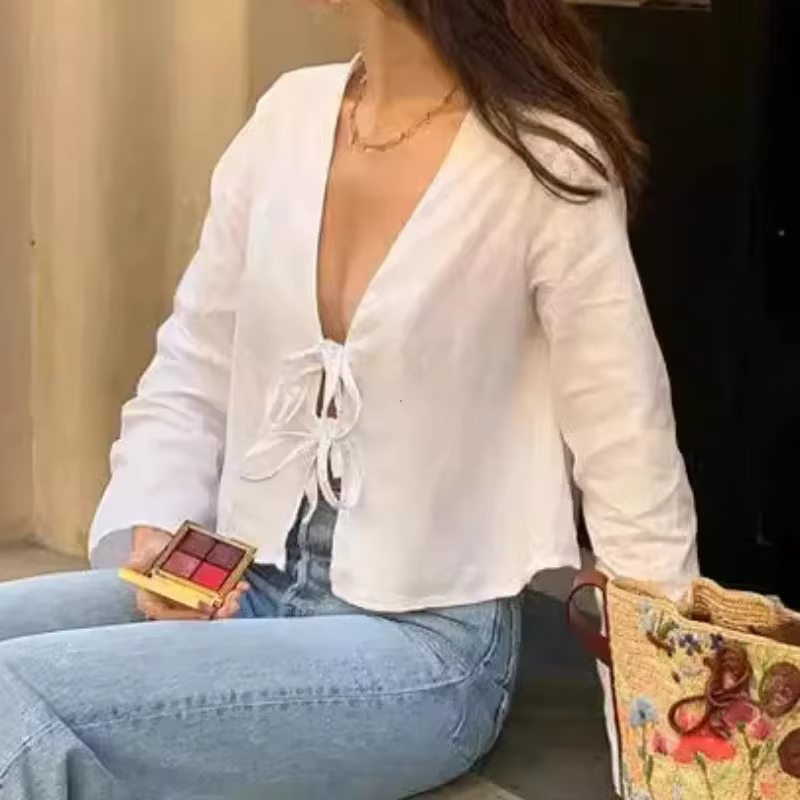 Chemisier en lin vert à lacets pour femmes, chemise à manches longues, col en V, mode chic, décontra