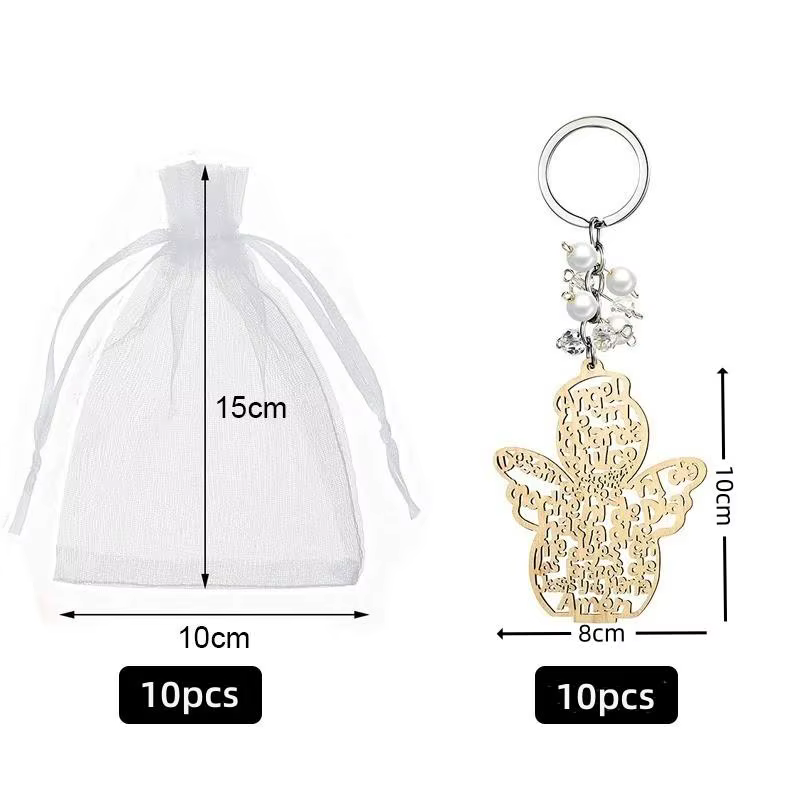 10 ensembles de porte-clés en bois en forme de croix pour invités, avec sacs en organza, pour baptêm