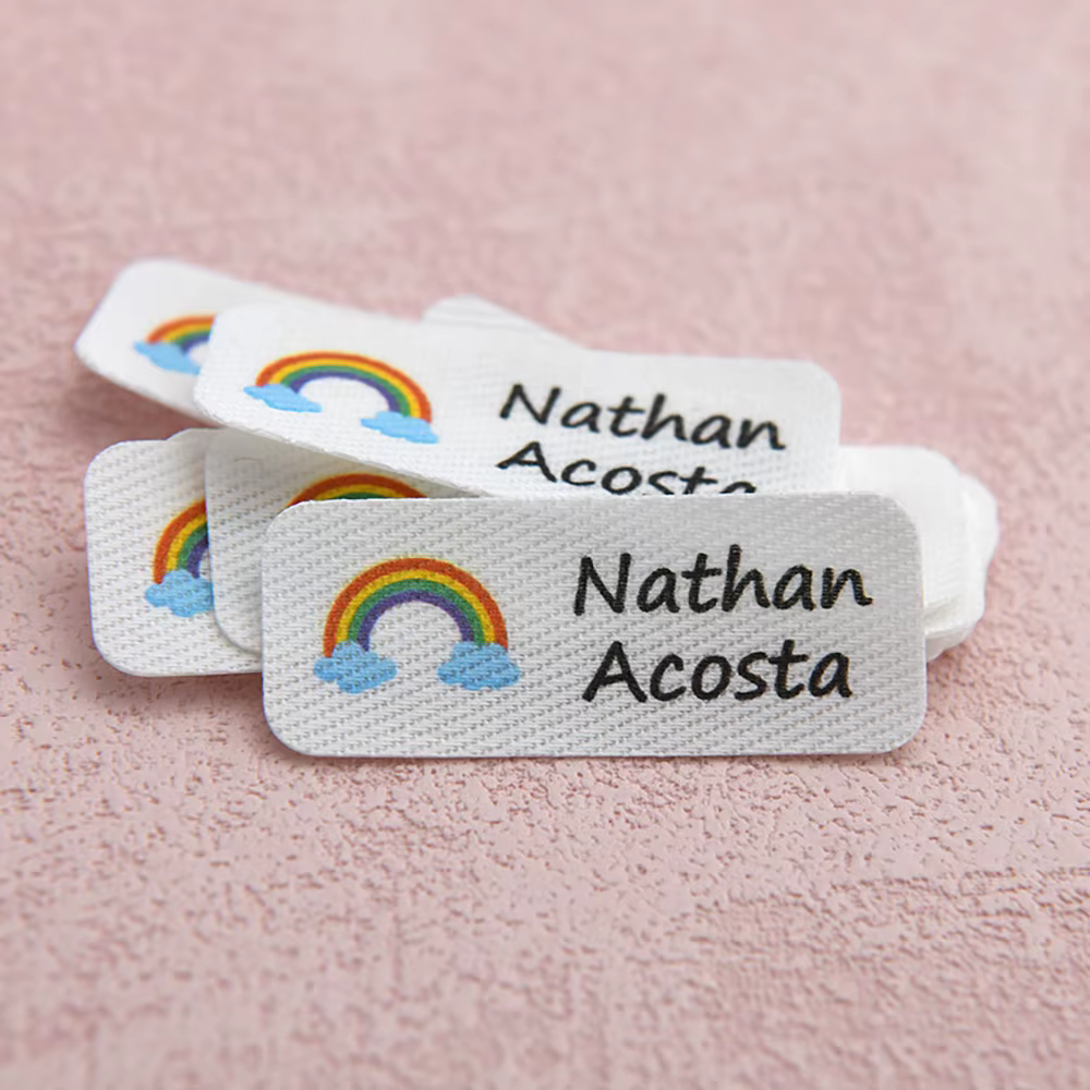 Étiquettes personnalisées en coton à repasser et à coudre, coins arrondis 38x15mm, 100% coton lavabl