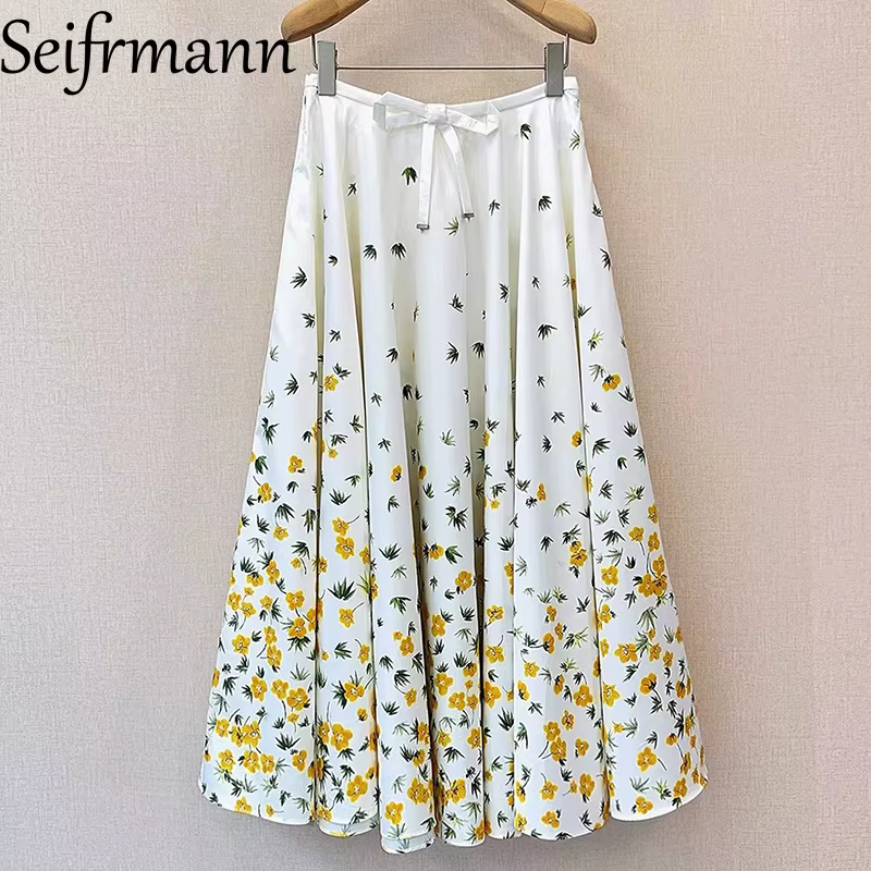 Seifrmann 2026 Nouvelle collection Printemps – Jupe longue en coton imprimé avec nœud à la taille, s