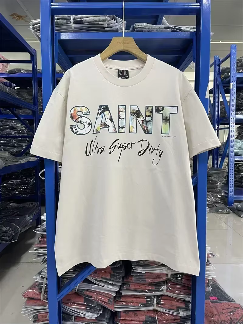 T-shirts imprimés Saint Michael Cartoon Anime pour hommes et femmes, 1:1, haute qualité, noir délavé