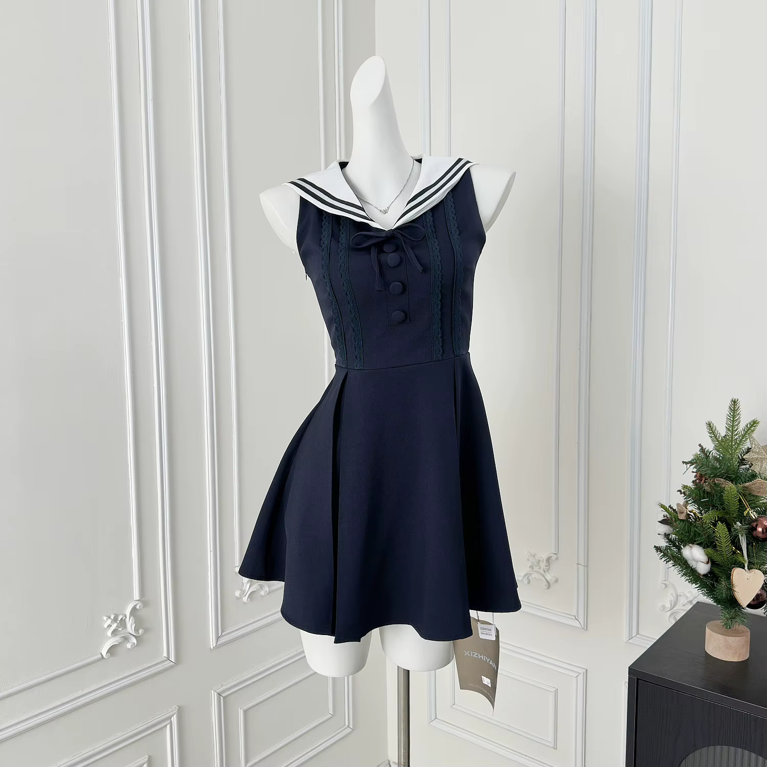 Robe d'été à col marin pour femmes, Style Preppy, noire, à volants, sans manches, coupe cintrée, lig
