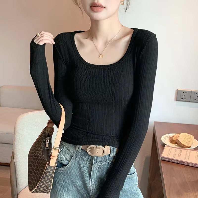 Grand T-shirt à col en U pour femmes, nouvelle chemise portée à même la peau, haut élastique à manch