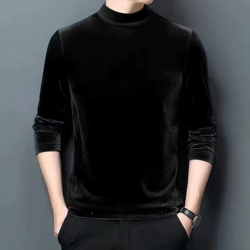 T-shirt en velours doré pour hommes, chemise de Base en polaire à manches longues, pull demi-col rou