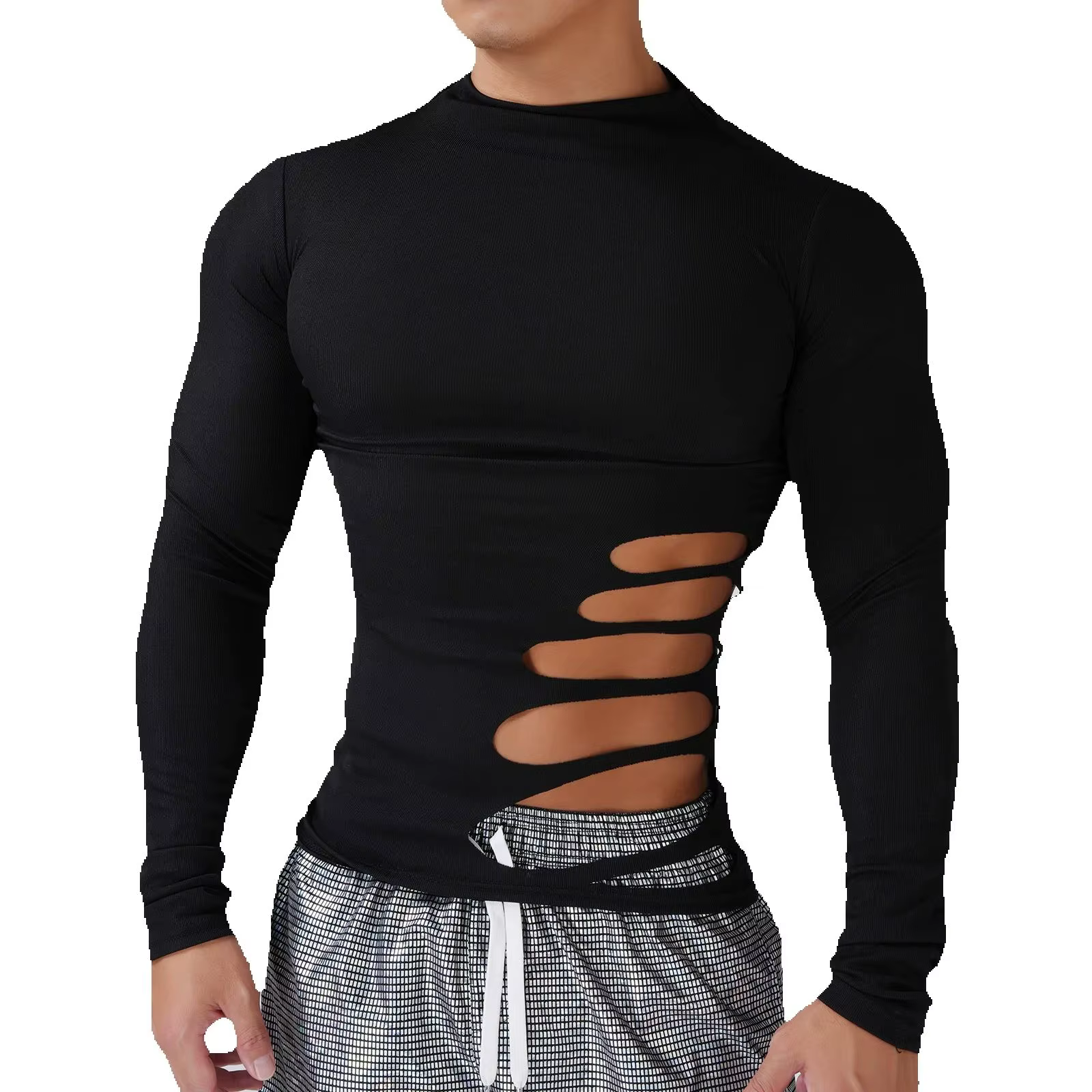 T-shirt Homme Mode Automne Noir à Manches Longues Évidé Col Semi-Montant Coupe Slim Décontracté Streetwear Y2k