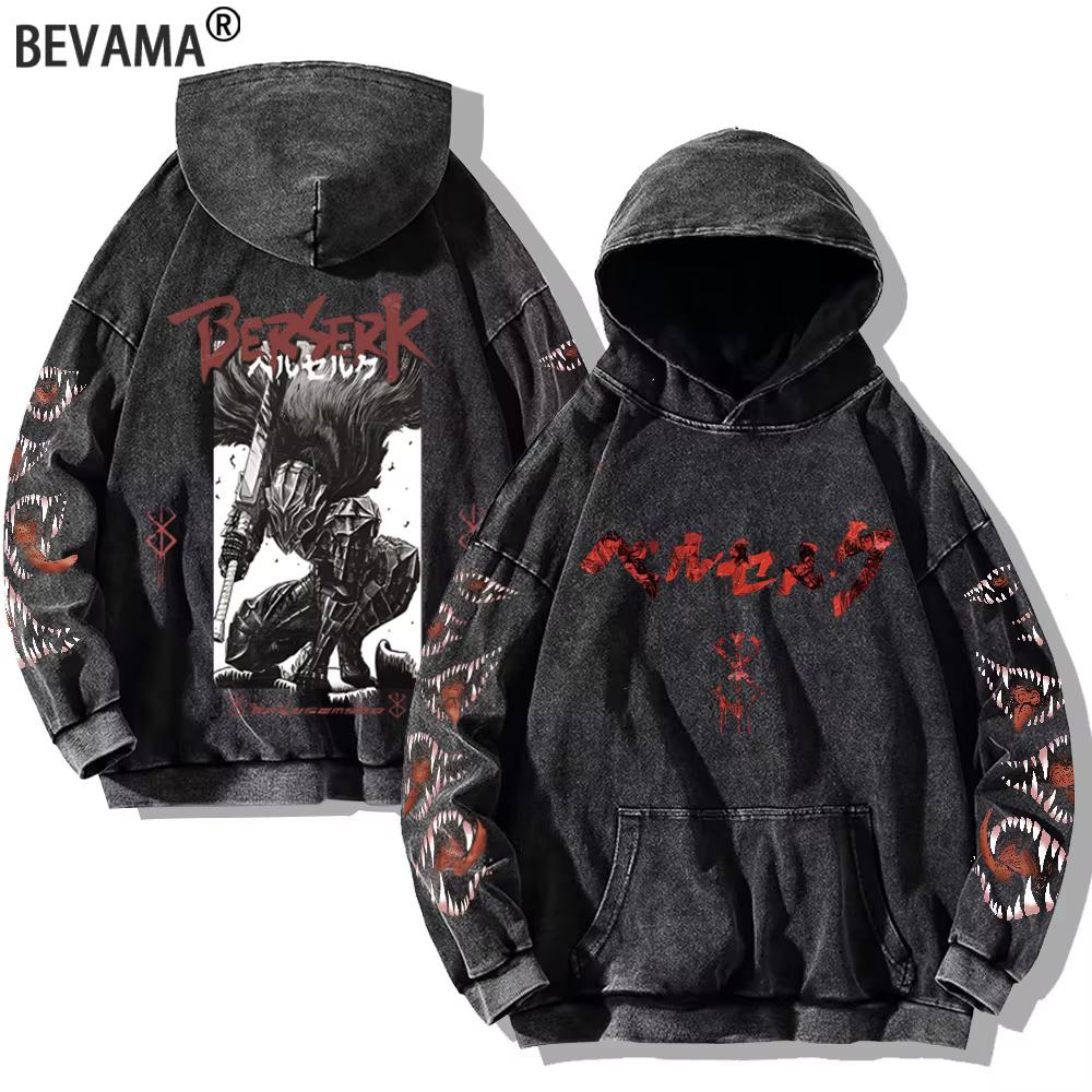Berserk imprimé délavé sweats à capuche gothique Vintage coton sweat