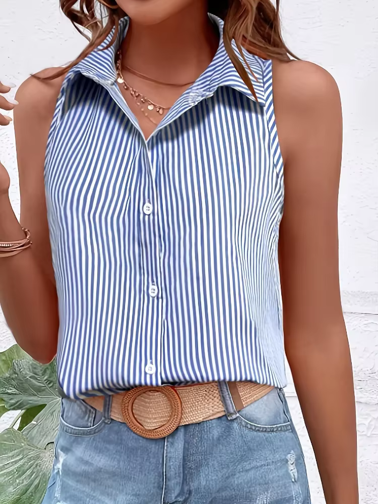 Grande taille 2025 décontracté femmes bleu rayé chemise sans manches surdimensionné respirant femme vêtements bureau dame été nouveauté haut