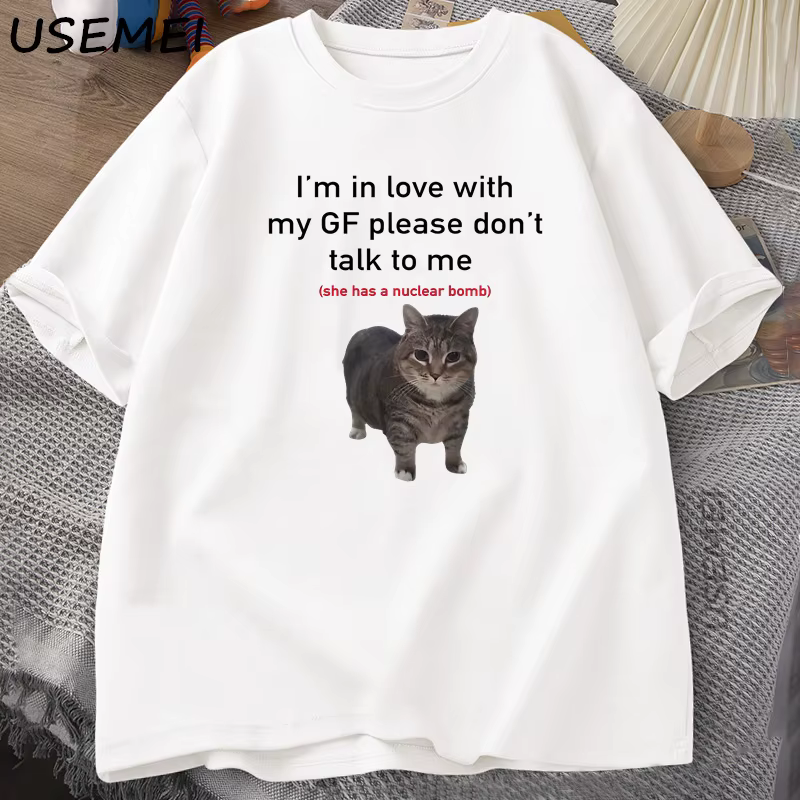 Je suis amoureux de mon GF drôle chat T-shirts petits amis coton ample col rond surdimensionné T-shirt hommes à manches