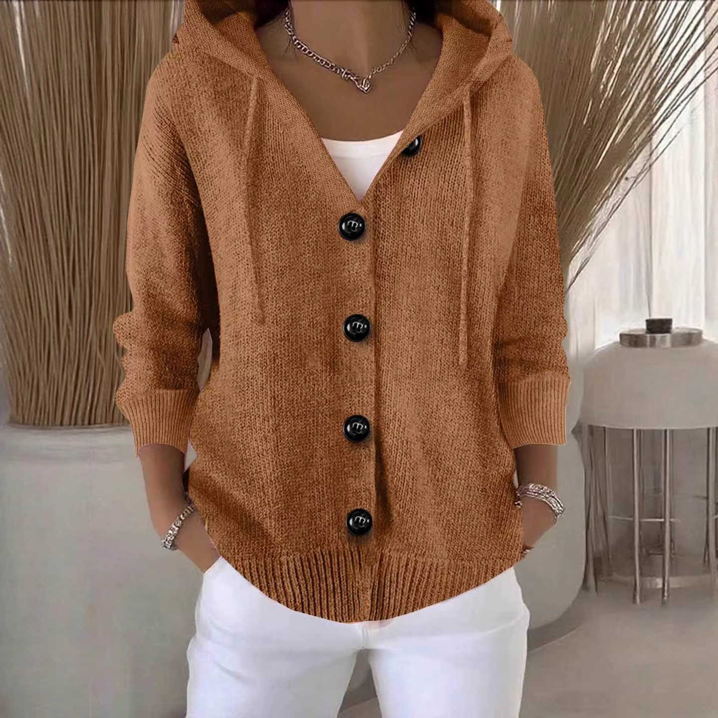 Nouveau sweat à capuche femmes à manches longues tricoté hauts Cardigan veste bordure bouton pull