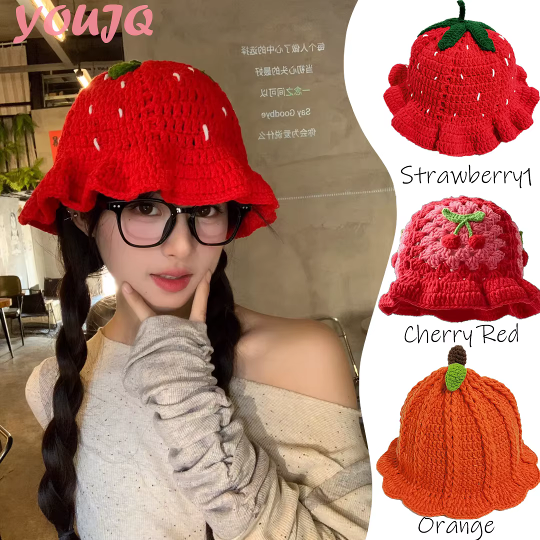 Casquette de fruits hommes femmes fraise cerise Crochet chapeau à la main Floral Portable tricoté mignon Vintage fleur ski tricot bonnet chapeaux
