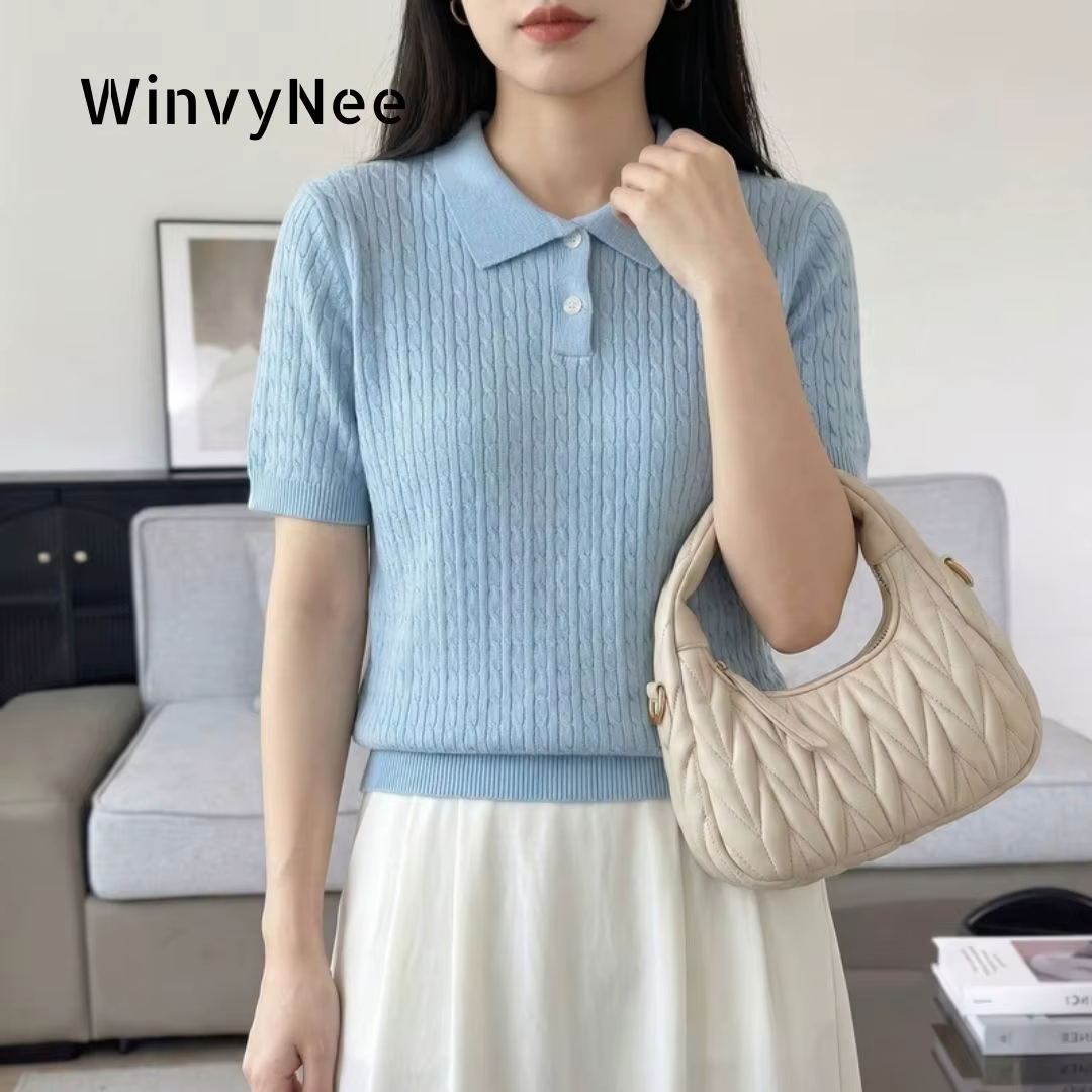 T-shirt polo torsadé 100 % coton à deux boutons et manches courtes pour femme – Coupe ajustée