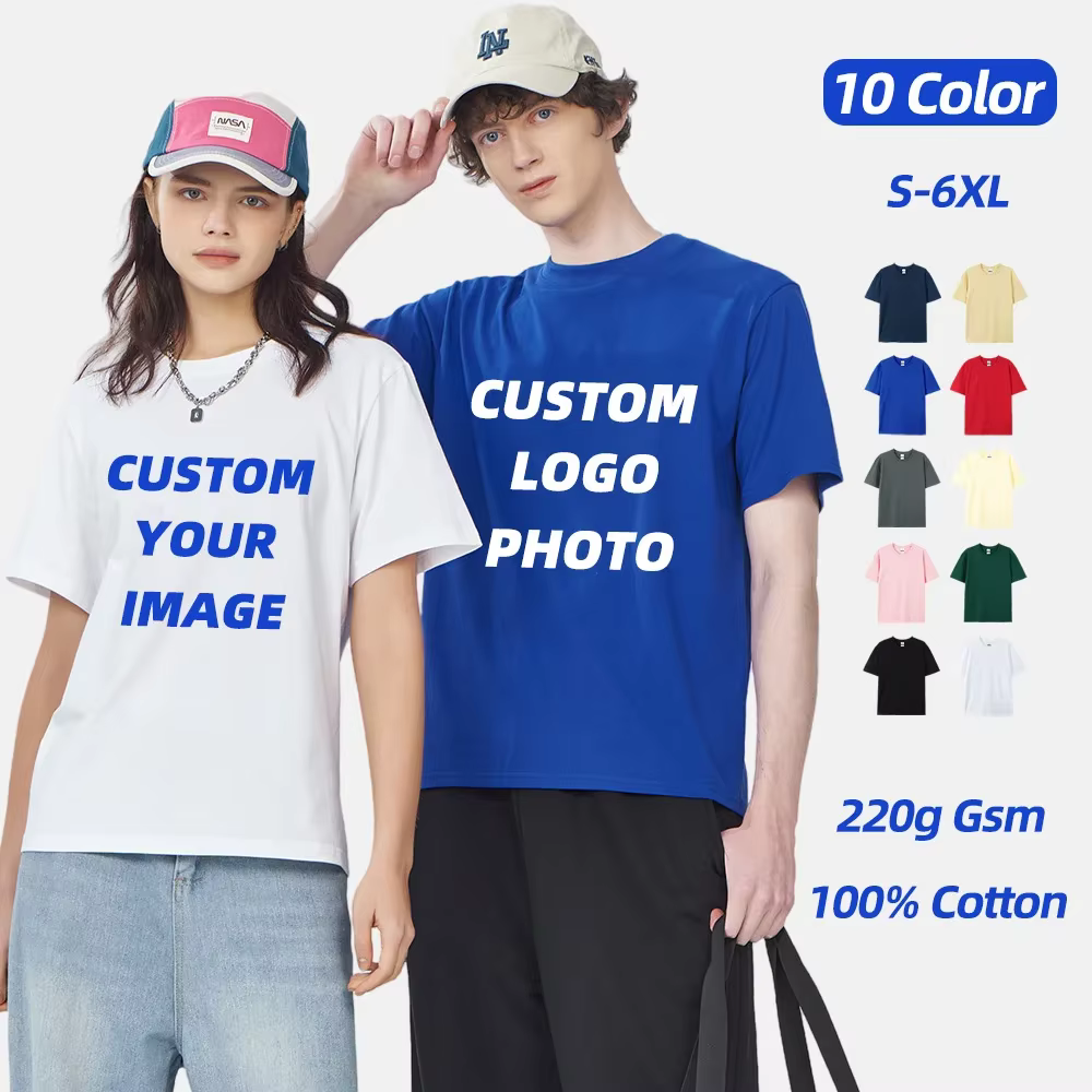 LOGO gratuit femmes et hommes Image personnalisée t-shirts 100% coton 220g gsm décontracté à manches courtes T-Shirt équipe d'entreprise vêtements de travail culturels