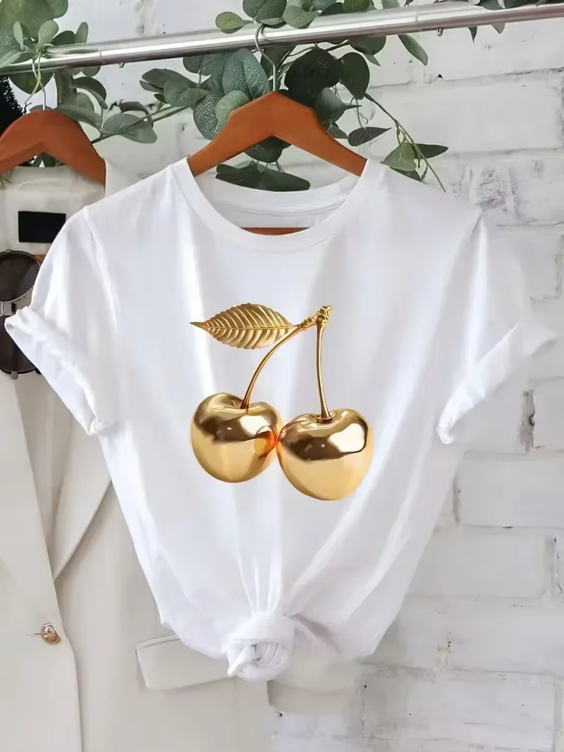 T-shirt imprimé motif cerise doré brillant pour hommes et femmes