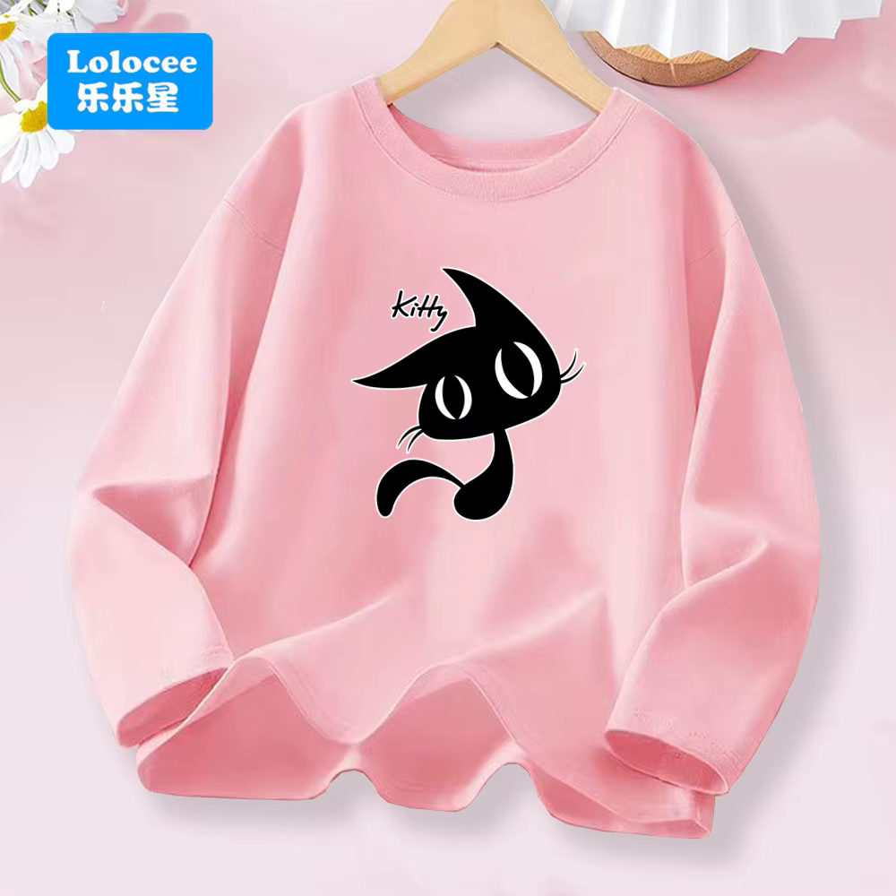 Kawaii noir Kitty graphique T-shirt pour les filles printemps automne à manches longues couverture en coton enfants mode usage quotidien