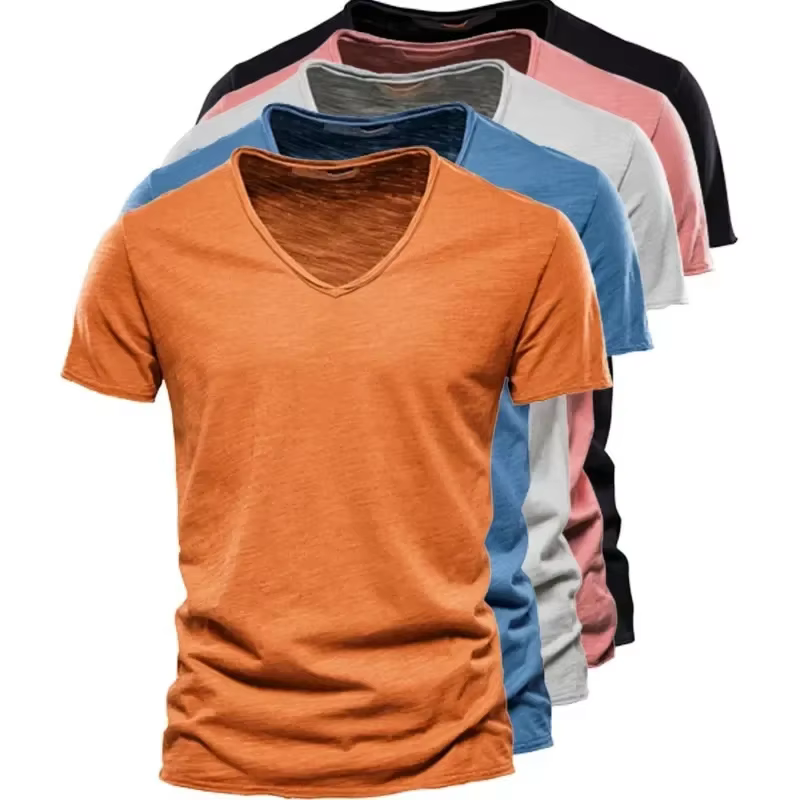 Nouveau 100% coton hommes T-shirt hauts col en V mince à manches courtes t-shirts de haute qualité