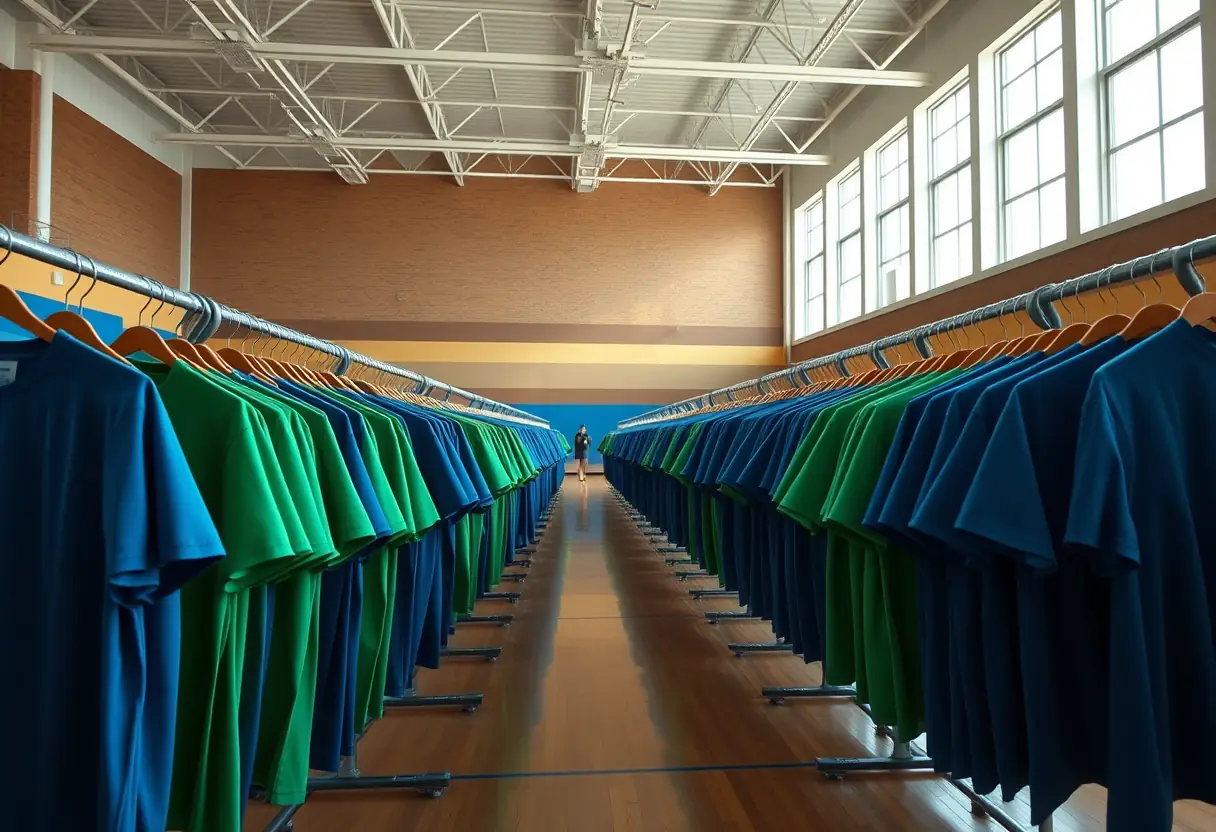 Gymnase rempli de t-shirts de sport oversize bleus et verts
