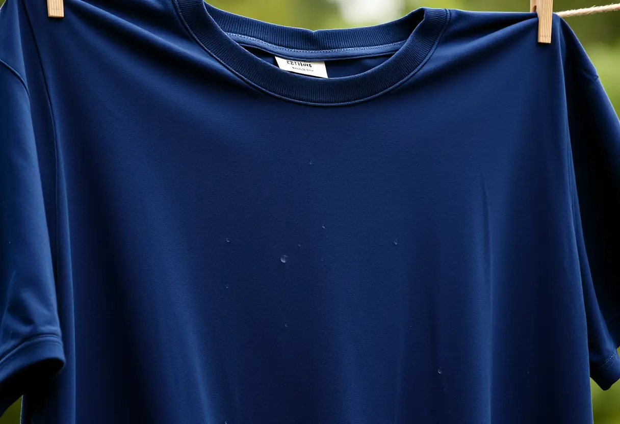 Grand t-shirt suspendu sur une corde à linge, gouttes d'eau scintillent sur le coton bleu foncé